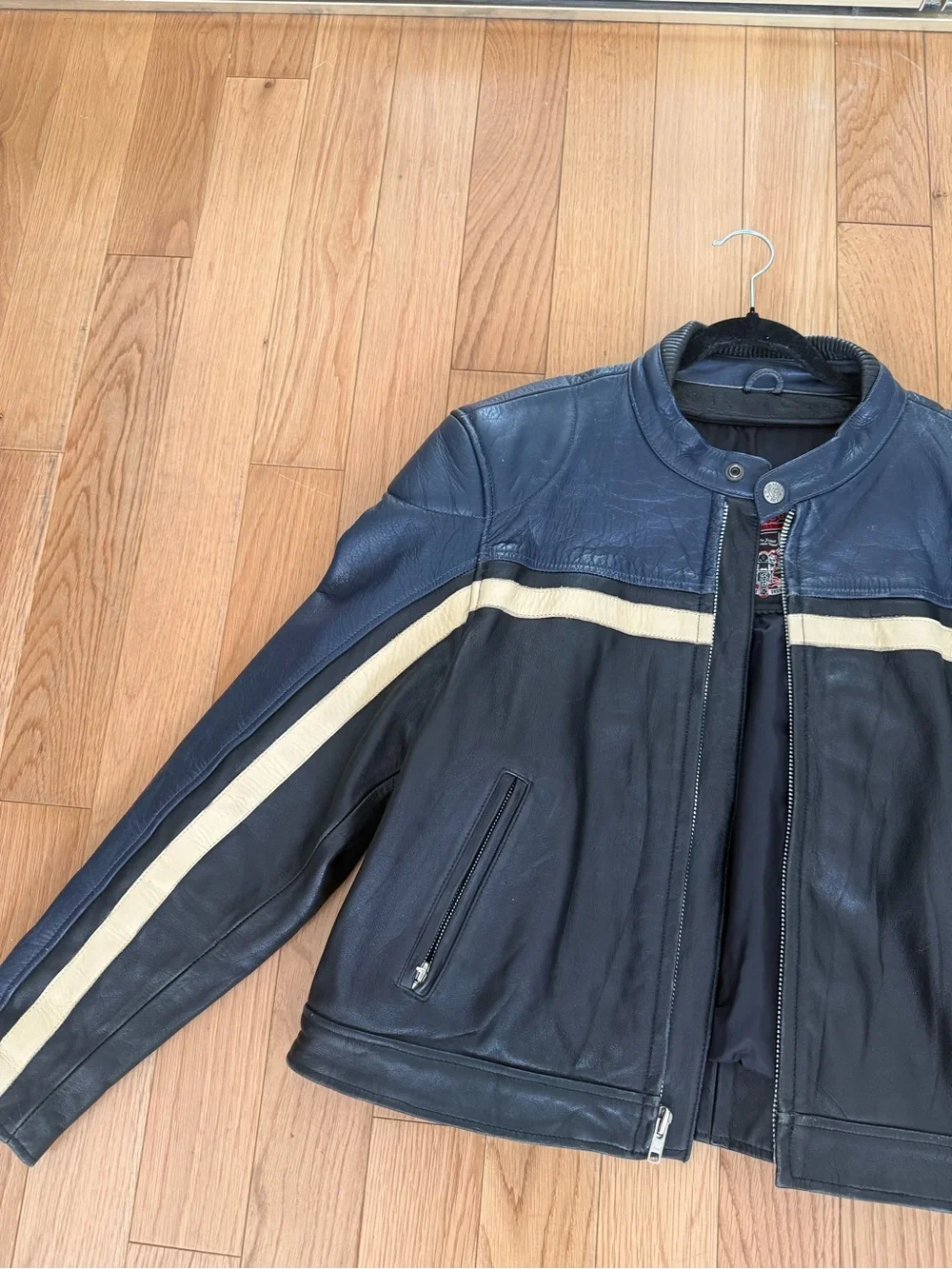 Men's Two-Tone Black and Navy Leather Bomber Jacket with Cream Stripe